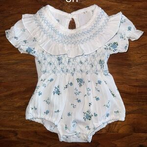 SHEIN White and Blue Floral Baby Romper Bubble, Smocked